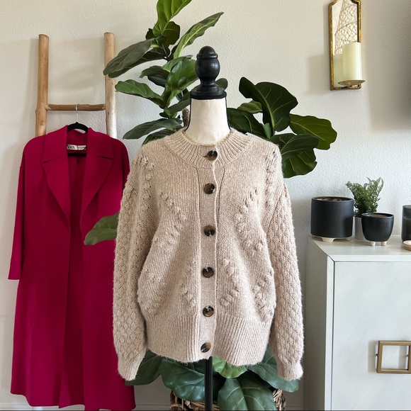 SOLD Who What Wear Wool Cardigan Button Down Pom Pom Knit Tan Heather Sweater - Picture 2 of 7